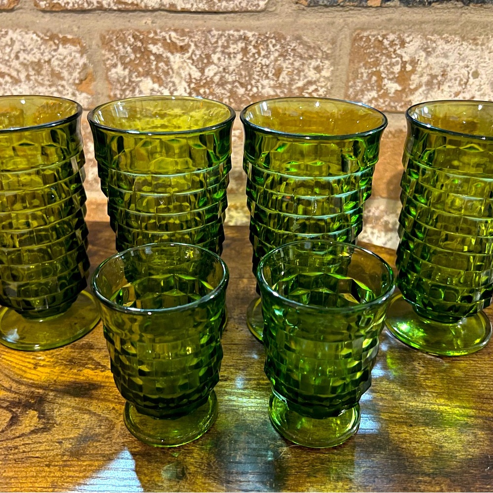 Set of 6 Vintage Indiana Glasses Whitehall Cubist Avocado Green Goblet Footed